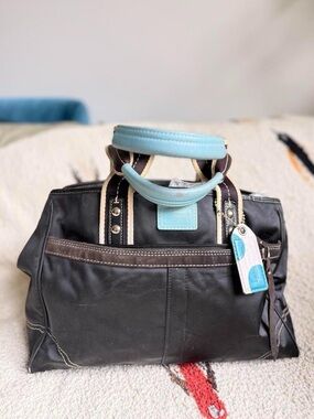 Y2K 2000s Coach Leather Top-Handle Women’s Mini Tote Bag with Blue Accents